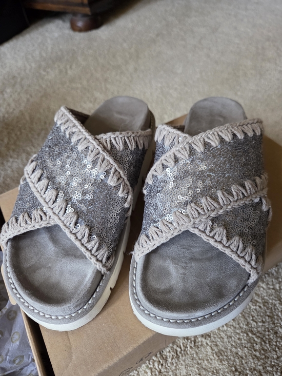 Mou Shoes - MOU Microsequin Crossover Sandal Gunmetal Size 37